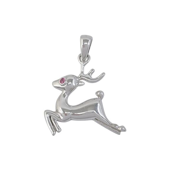 Vintage Sterling Silver 925 Lab Created Ruby Christmas Reindeer Pendant - Picture 2 of 6